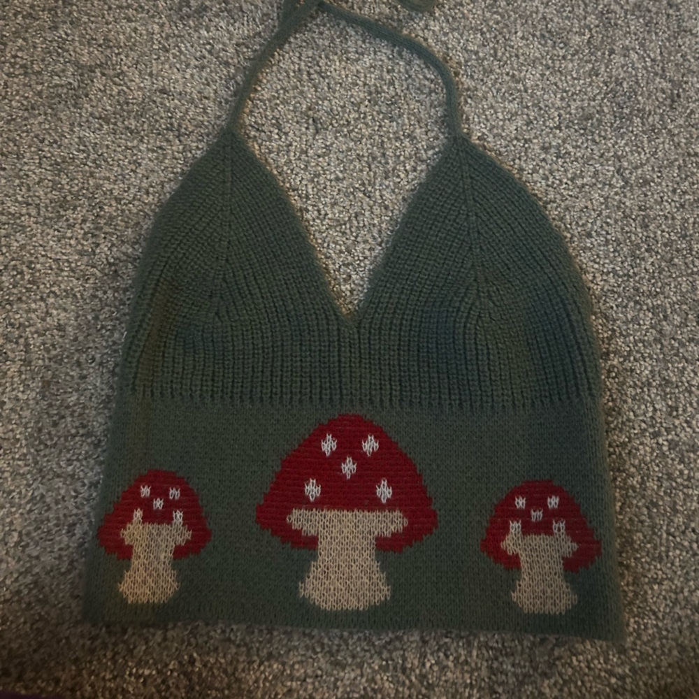Green Knit halter top with Red and tan Mushroom Design